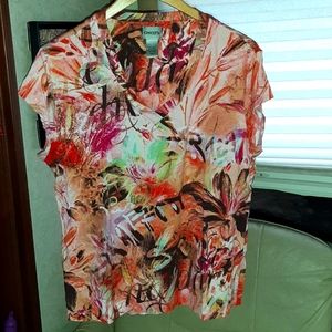 Chico's Abstract Print V-Neck Cap Sleeve Stretchy  T-Shirt Top Size 2 (12-14)